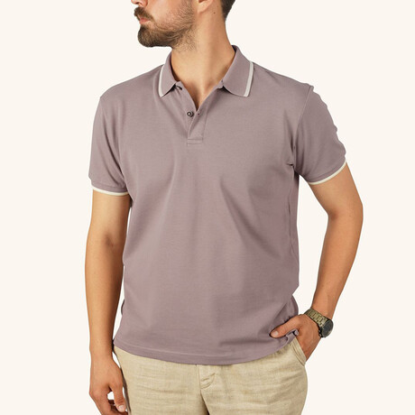 Collar-Striped Polo T-Shirt // Regular Fit // Beige-Mink (M)