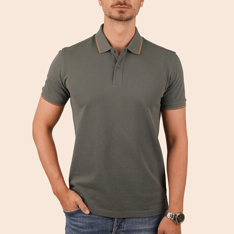 Collar-Striped Polo T-Shirt // Regular Fit // Khaki-Taba (M)