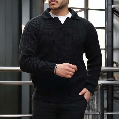Polo Waffle Knit Pullover // Black (M)