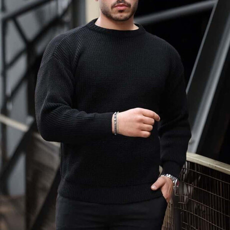 Crewneck Waffle Knit Pullover // Black (M)