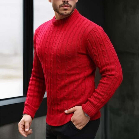 Crewneck Cable Knit Pullover // Red (M)