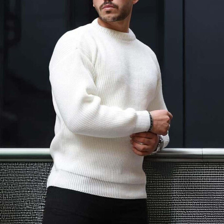 Crewneck Waffle Knit Pullover // White (M)