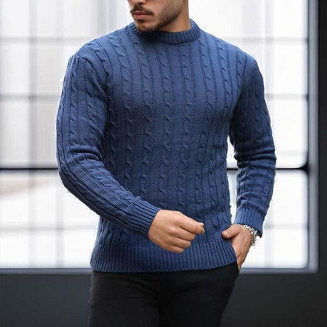 Crewneck Cable Knit Pullover // Indigo (M)