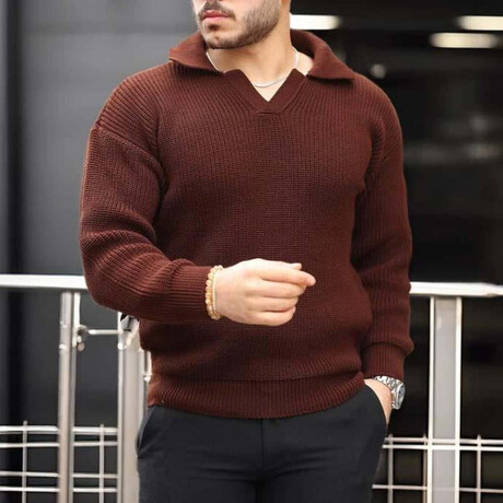 Polo Waffle Knit Pullover // Brown (M)