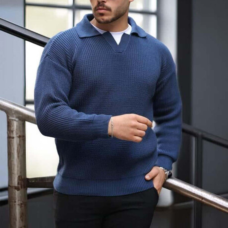 Polo Waffle Knit Pullover // Indigo (M)