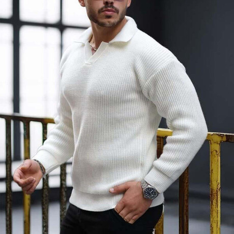 Polo Waffle Knit Pullover // White (M)