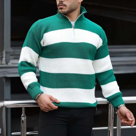 Quarter-Zip Knit Striped Pullover // Green (M)