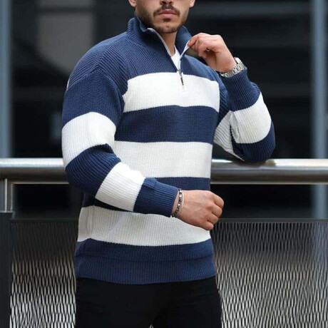 Quarter-Zip Knit Striped Pullover // Indigo (M)