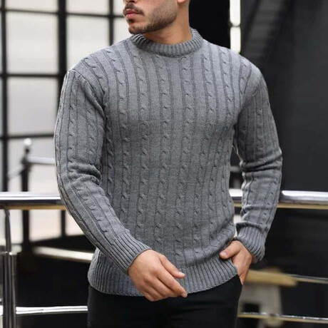 Crewneck Cable Knit Pullover // Gray (M)