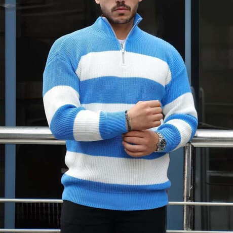 Quarter-Zip Knit Striped Pullover // Blue (M)