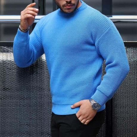 Crewneck Waffle Knit Pullover // Light Blue (M)