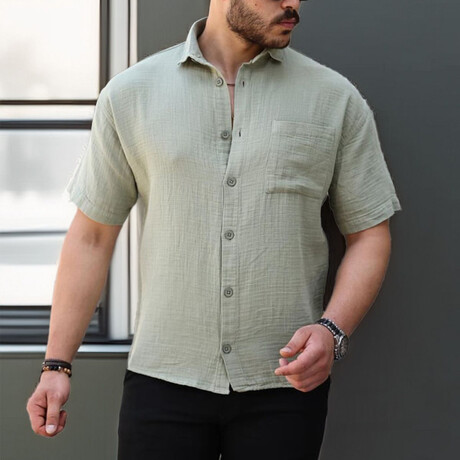 Camp Collar Short-Sleeve Button-Up Shirt // Khaki (S)