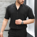Open Collar Short-Sleeve Button-Up Shirt // Black (S)