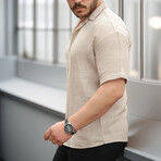 Open Collar Short-Sleeve Button-Up Shirt // Beige (S)