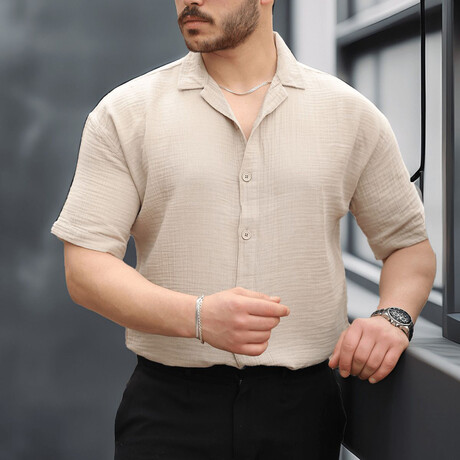 Open Collar Short-Sleeve Button-Up Shirt // Beige (S)