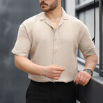 Open Collar Short-Sleeve Button-Up Shirt // Beige (S)