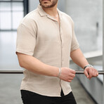 Open Collar Short-Sleeve Button-Up Shirt // Beige (S)