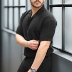 Open Collar Short-Sleeve Button-Up Shirt // Black (S)