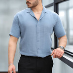Open Collar Short-Sleeve Button-Up Shirt // Cold Blue (S)