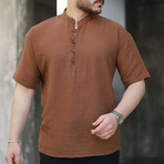 Mandarin Collar Short-Sleeve Henley // Brown (S)