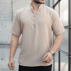 Mandarin Collar Short-Sleeve Henley // Beige (S)