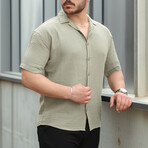 Open Collar Short-Sleeve Button-Up Shirt // Khaki (S)