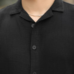 Open Collar Short-Sleeve Button-Up Shirt // Black (S)