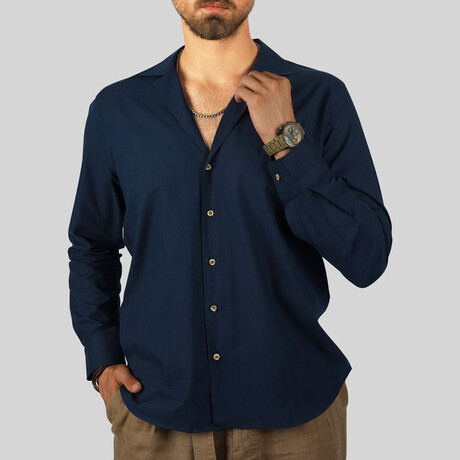Textured Weave Button-Up Shirt // Navy (S)