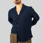 Textured Weave Button-Up Shirt // Navy (L)