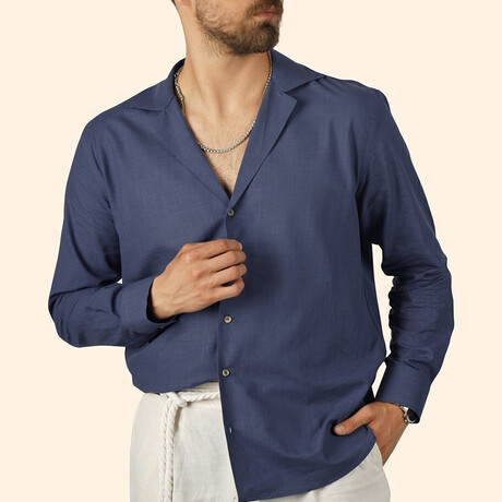 Textured Weave Button-Up Shirt // Indigo (S)