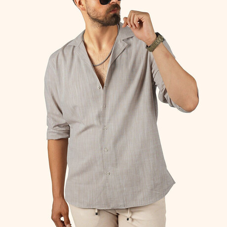 Textured Weave Button-Up Shirt // Beige (S)