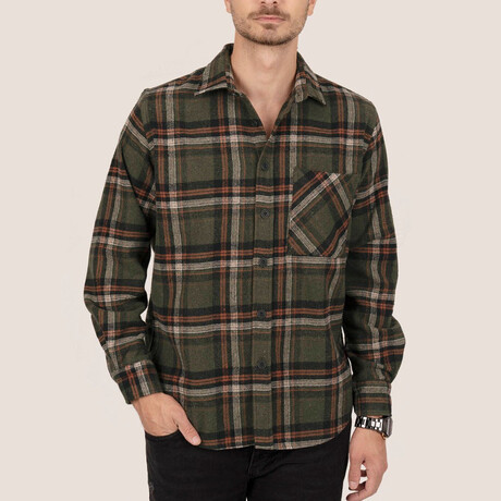 Plaid Flannel Button-Up Shirt // Green + Orange (S)