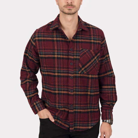 Plaid Flannel Button-Up Shirt // Burgundy + Yellow (S)