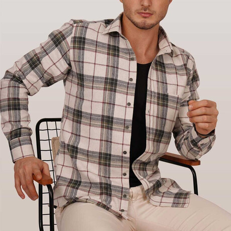 Plaid Flannel Button-Up Shirt // Beige + Brown (S)