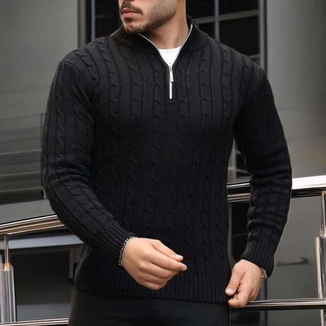 Cable Knit Quarter-Zip Sweater // Black (M)