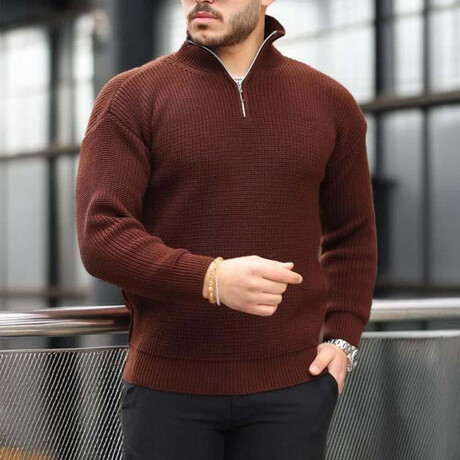 Knit Quarter-Zip Sweater // Brown (M)