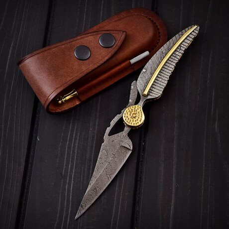 Handmade Damascus Leaf Liner Lock Knife