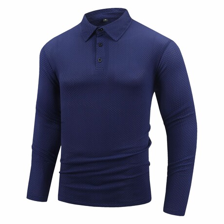 Ribbed Long-Sleeve Quarter-Zip Polo Shirt // Navy Blue (XS)