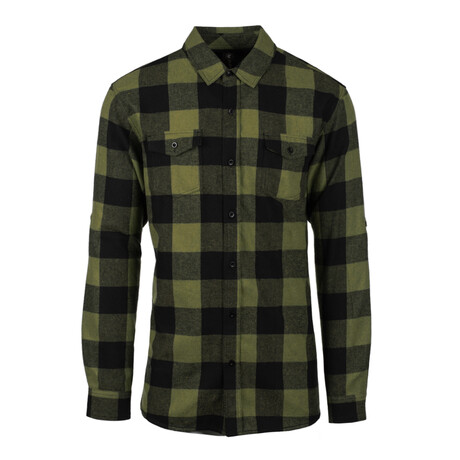 Checkered 2-Pocket Long-Sleeve Flannel Shirt // Army Green, Black (S)