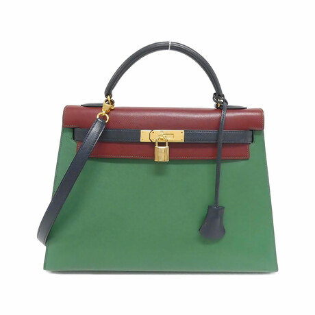 Hermes // Courchevel Leather Vintage Kelly 32 Handbag // Blue Indigo + Green + Rouge H // Pre-Owned
