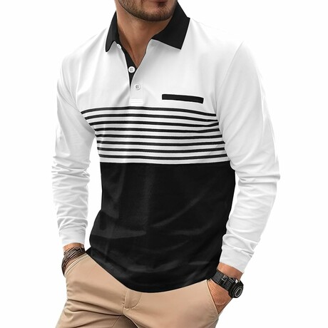 Striped Long-Sleeve Polo Shirt // White (XS)