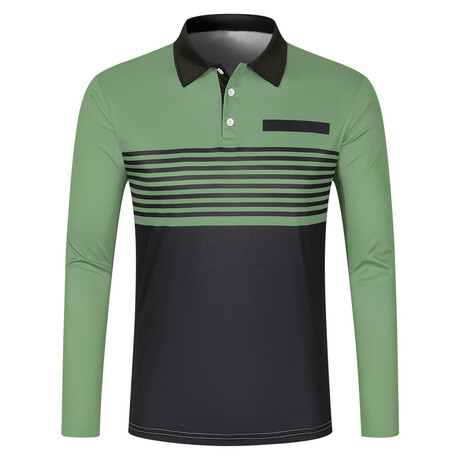 Striped Long-Sleeve Polo Shirt // Green (XS)