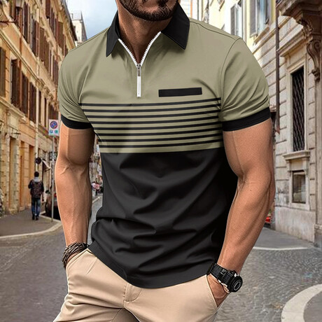 Striped Quarter-Zip Short-Sleeve Polo Shirt // Khaki (XS)