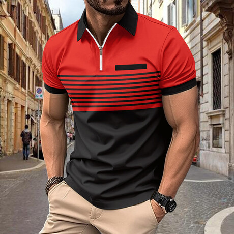 Striped Quarter-Zip Short-Sleeve Polo Shirt // Red (XS)