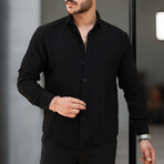 Solid Textured Long-Sleeve Button-Up Shirt // Black (S)