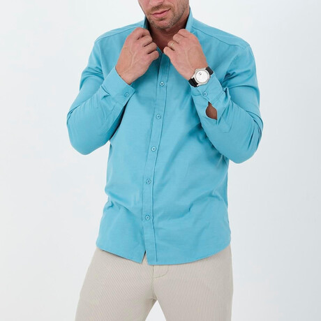 Solid Long-Sleeve Button-Up Shirt // Cyan (S)