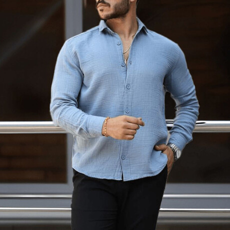 Solid Textured Long-Sleeve Button-Up Shirt // Cold Blue (S)