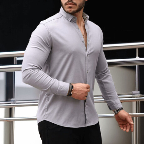 Solid Long-Sleeve Button-Up Shirt // Stone (S)