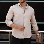 Solid Textured Long-Sleeve Button-Up Shirt // Beige (L)