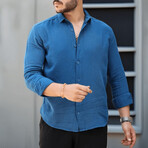 Solid Textured Long-Sleeve Button-Up Shirt // Indigo (L)